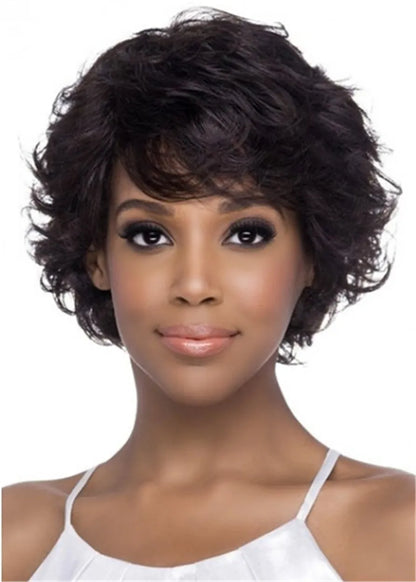 Natural Human Hair Wig With Sweeping Bangs For African American Women 10 Inches