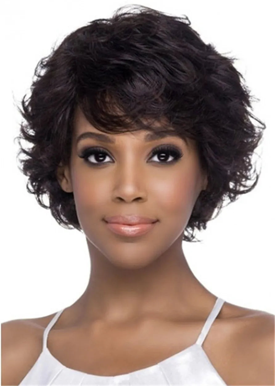 Natural Human Hair Wig With Sweeping Bangs For African American Women 10 Inches
