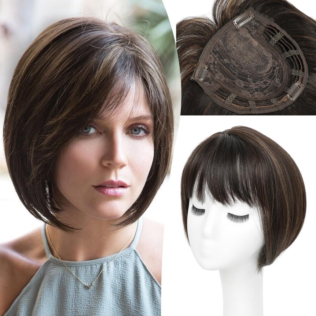 Human Hair Pieces Short Bob Hair Toppers with Bangs Side Part Hair