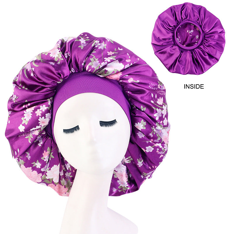 Cross-border Hot Selling Wide-brimmed Stretch Double-layer Sleeping Cap Sade Printed Extra Large Shower Cap Beauty Hair Care Cap