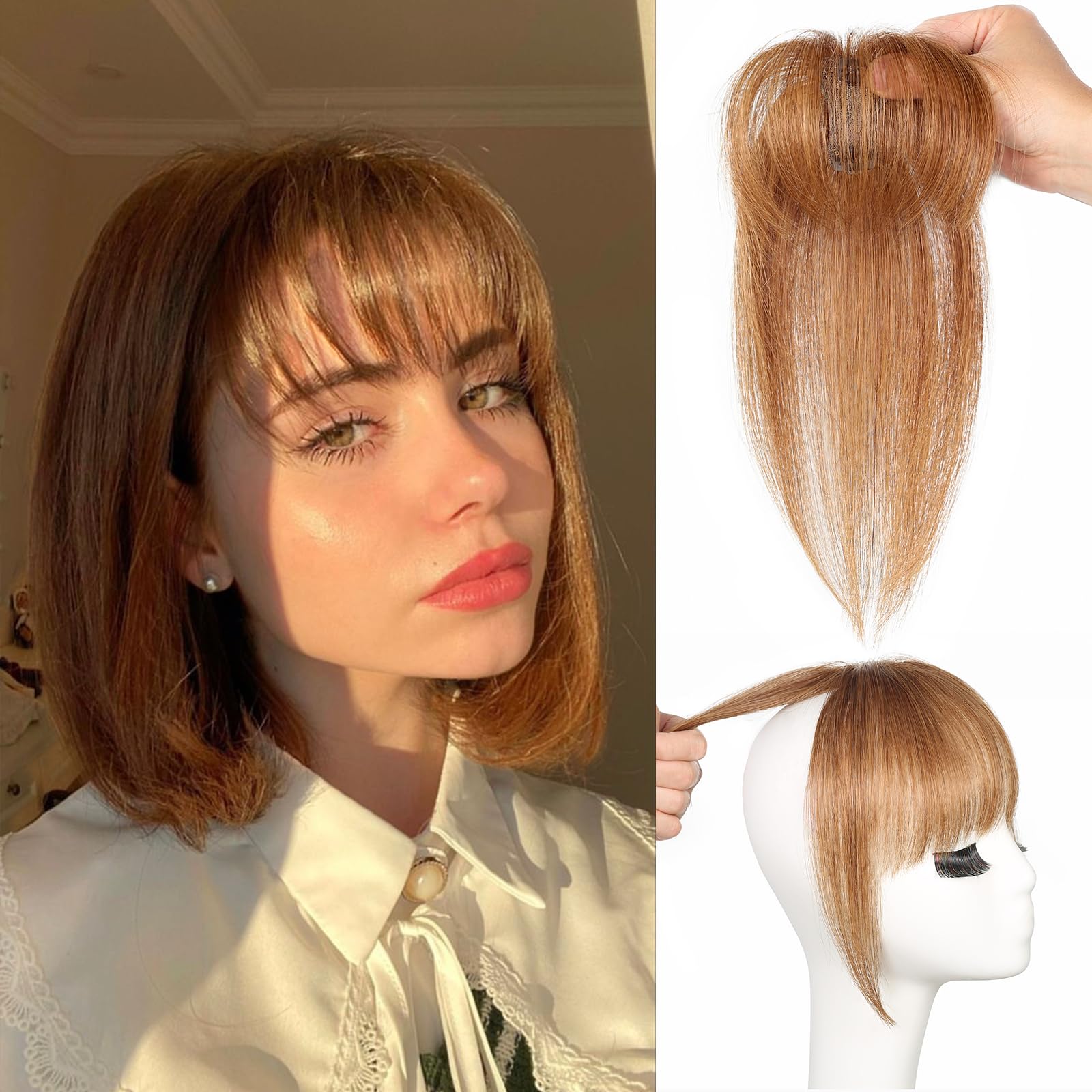Clip in Bangs Hair Clip 100% Real Human Hair Toppers for women Clip on Bangs Human Hair with Lace Topper Bangs 360°Cover Clip on Bangs for Women Wispy Fake Bangs for Daily Wear