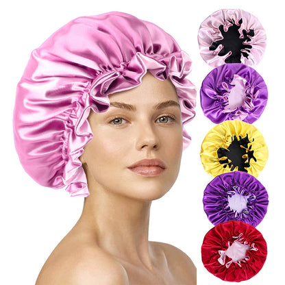 Wooden ear satin double-layer nightcap African style contrast color headscarf cap home round cap solid color beauty perm cap