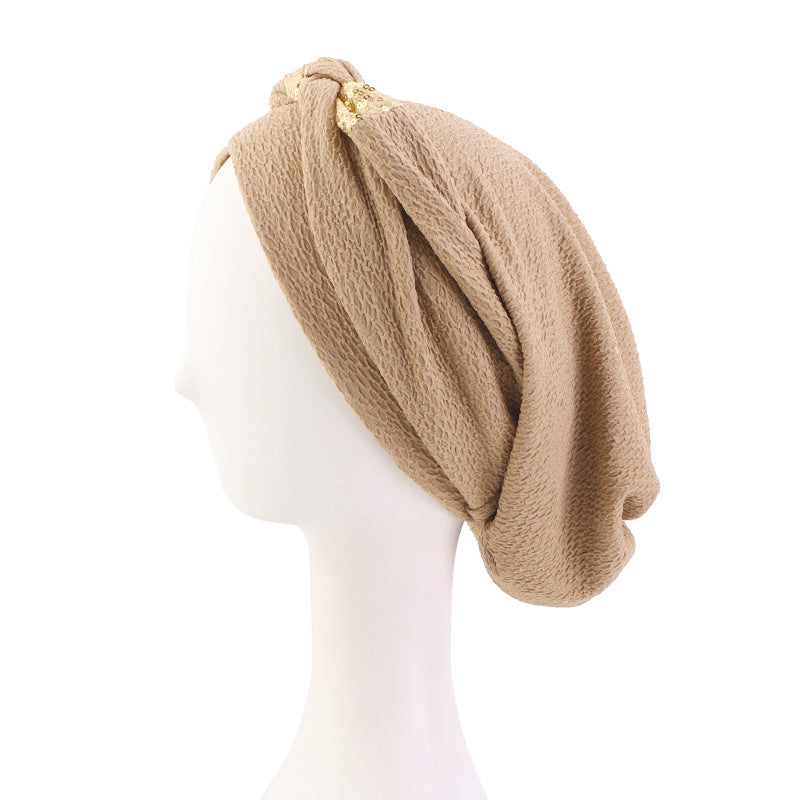 Cross-Border Solid Color Sequin Braided Cross-Turban Hat Small Hat Head Wrap Hair Protection Hat Jdt-429F