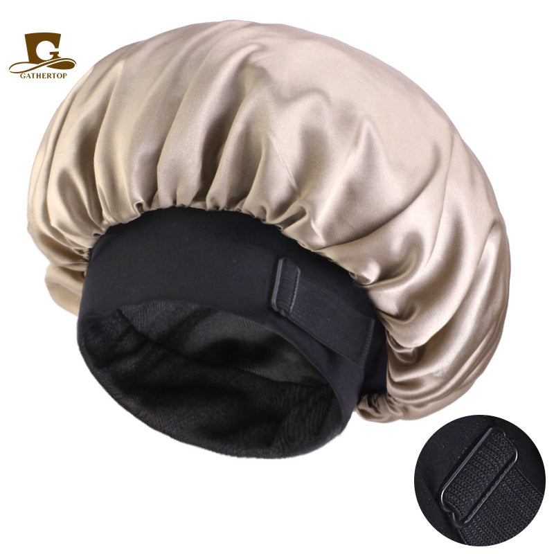European and American New Style Large Invisible Adjustable Buckle Double-Layer Satin Wide-Brimmed Sleep Cap Hair Care Turban Hat Jdb-301-2C