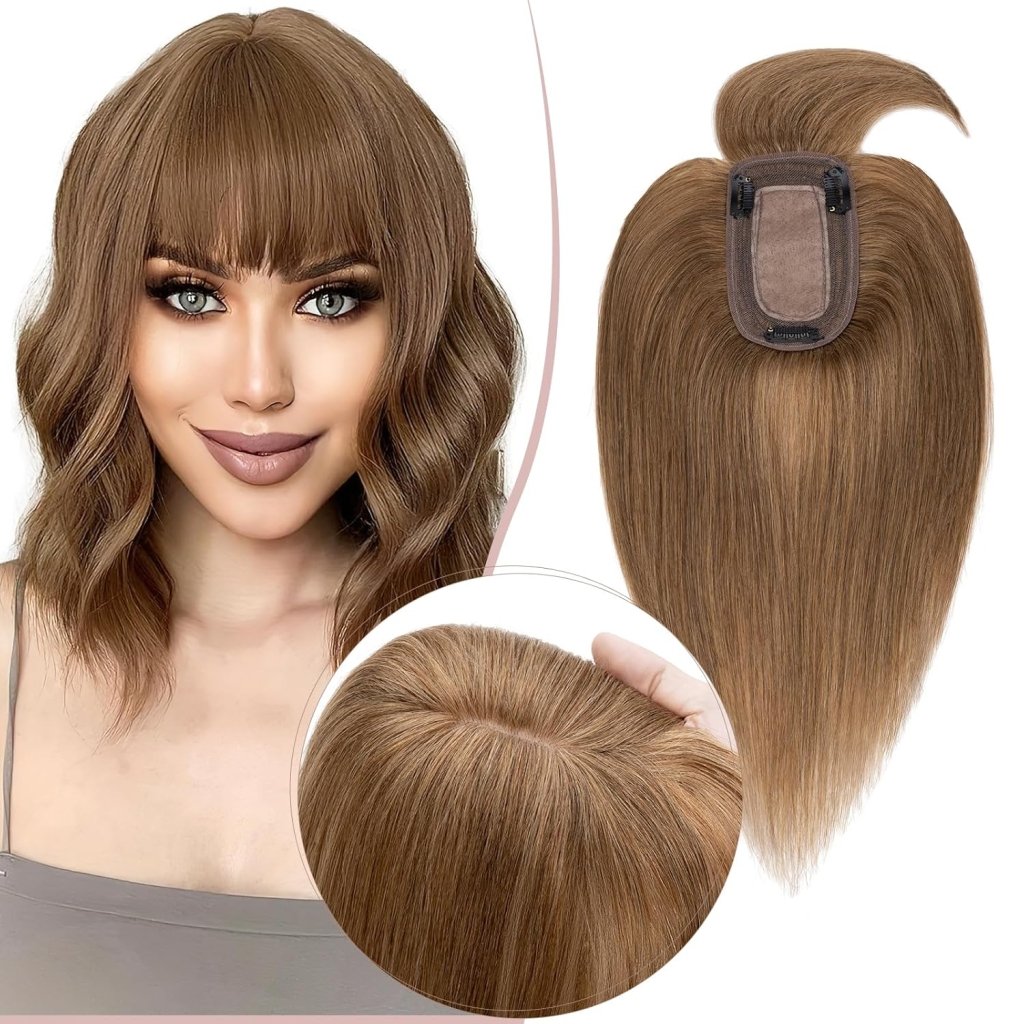 Human Hair Topper with Bangs - Real Human Hair Toppers for Women with Thin Hair