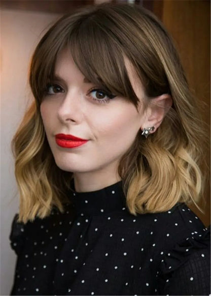 Medium Bob Hairstyles Wavy Human Hair With Bangs Women Wig