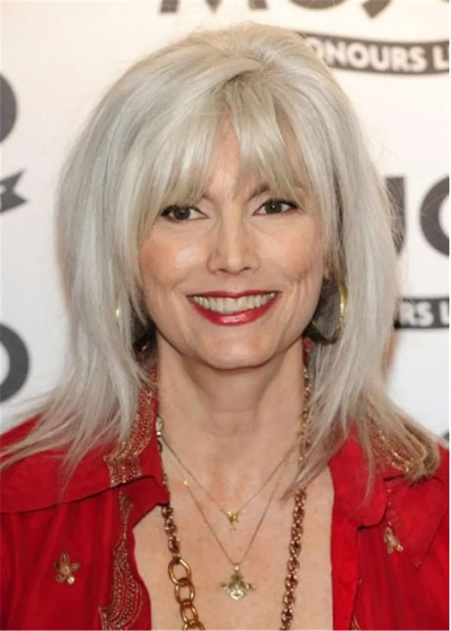 Shoulder Length Grey Hair Wig Straight Human Hair With Bangs 18 Inches