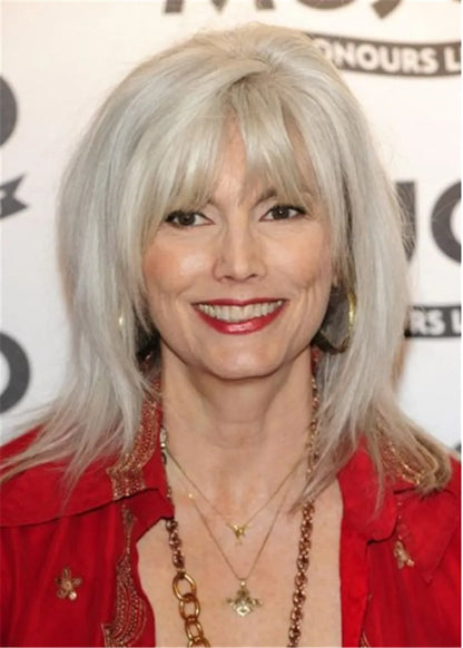 Shoulder Length Grey Hair Wig Straight Human Hair With Bangs 18 Inches