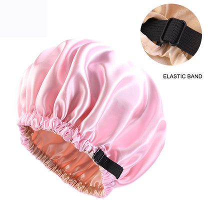 Cross-border supply of colored nightcap invisible flat adjustable buckle silk double shower cap beauty hair care hat