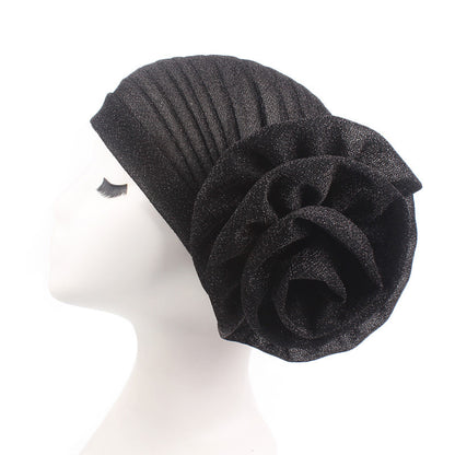 New Style Shiny Silk Large Flower Headscarf Hat, Versatile Retro Fashion Hat Tjm-322