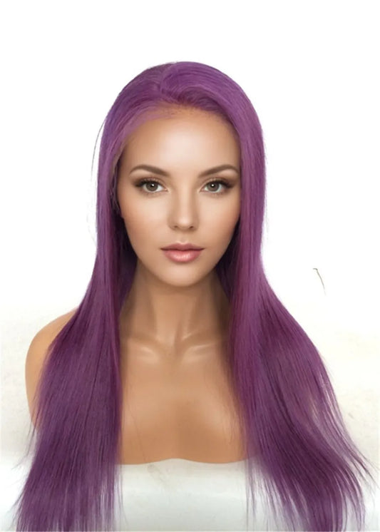 Long Straight Human Hair Lace Front Wig Purple Color 26 Inches