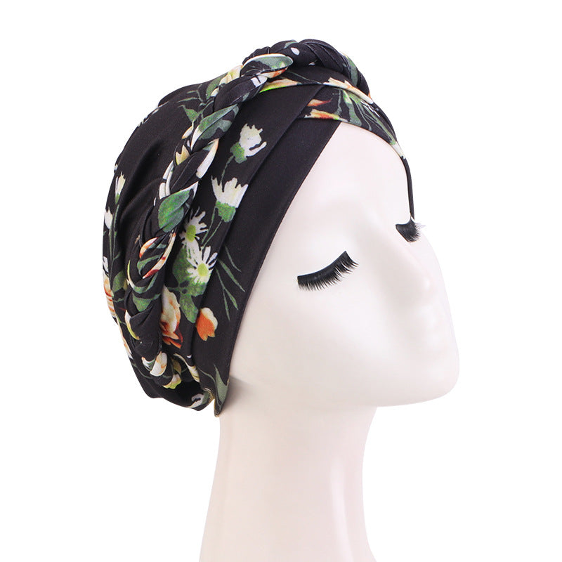 Cross-border New Printed Twist Braid Double Cross Twist Hat Bohemian Style Small Hat Stretch Baotou Hat
