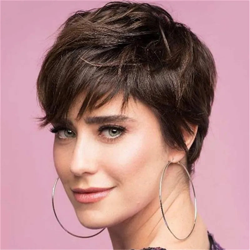 Short Haircut Natural Straight Layered Human Hair Capless Wigs 10Inch
