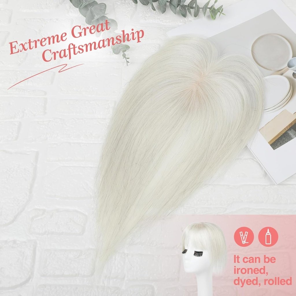 Human Hair Toppers for women 10 Inch Clip in Bangs 100％ Human Hair Toppers for Thinning Hair Cover Hair Pieces with Silk Base-Silver White