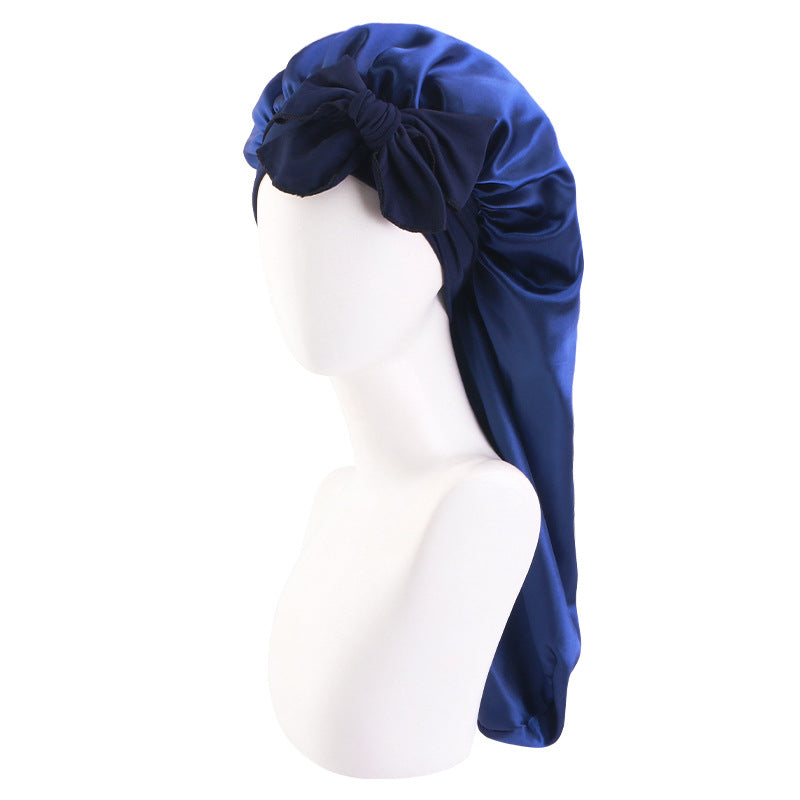 Wide-brimmed elastic ribbon women's headscarf hat perm hair care hat cross-border hot sale satin long nightcap