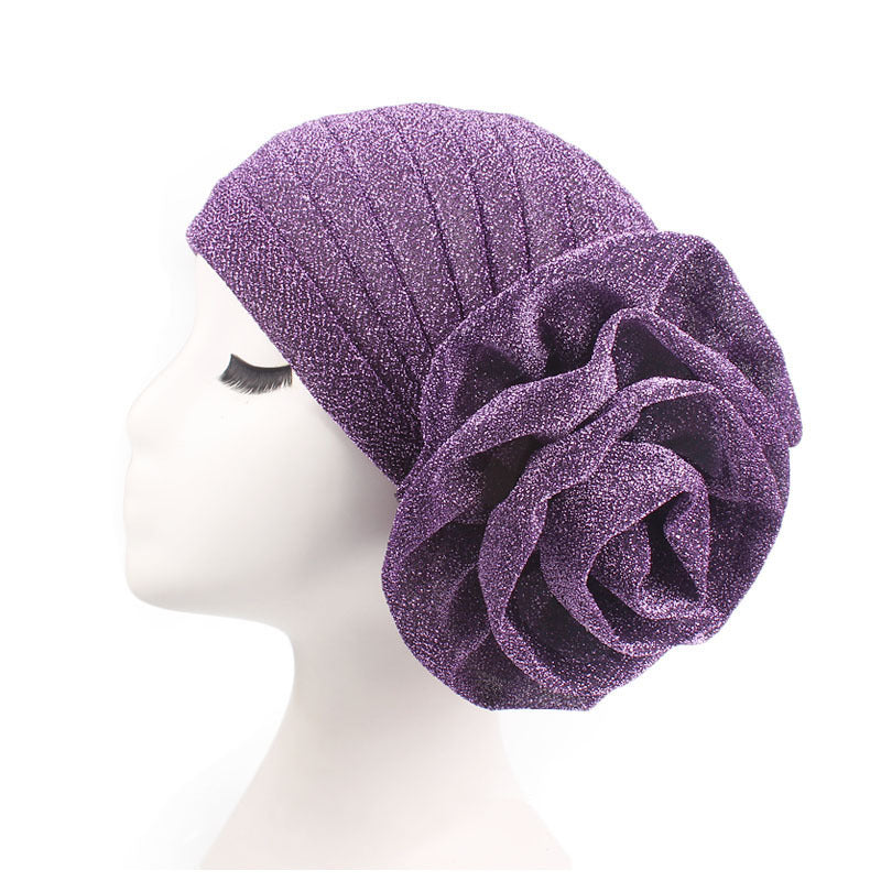 New Style Shiny Silk Large Flower Headscarf Hat, Versatile Retro Fashion Hat Tjm-322