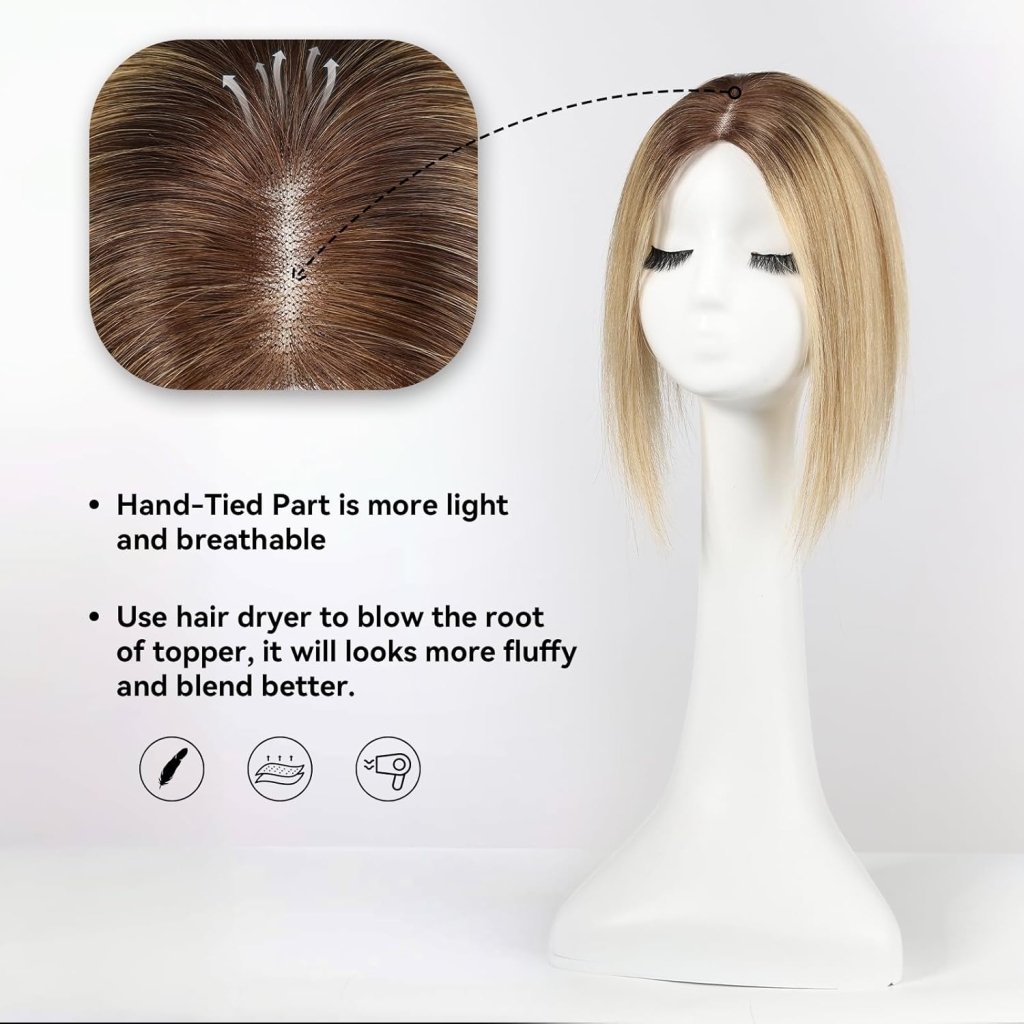 Remy Human Hair Toppers for Women Hand-Tied Hair Toppers with Swiss Lace Base 12in