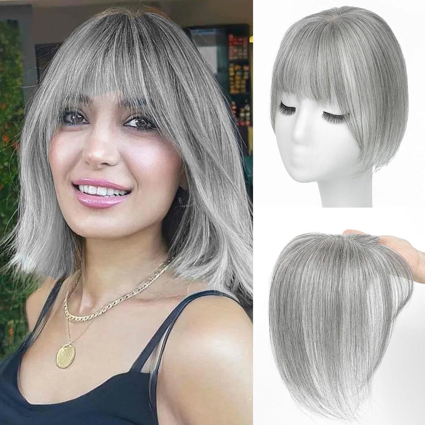 Hair Toppers for Women Real Human Hair, Bangs Hair Clip 360° 3D Cover Human Hair Topper with Bangs