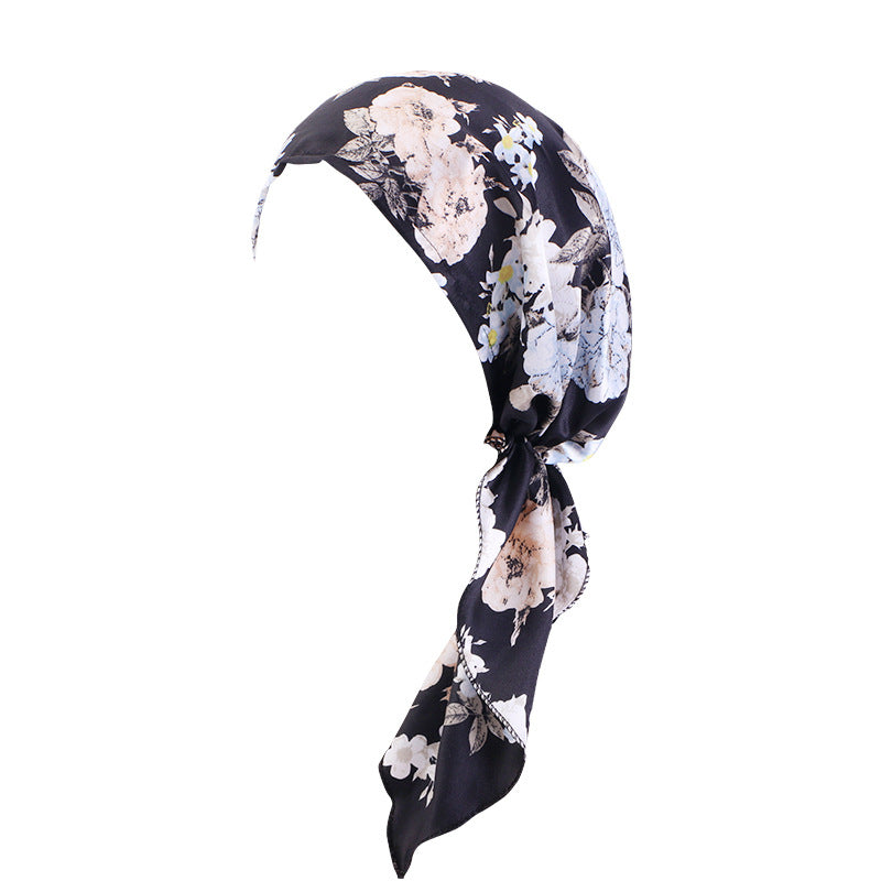 Fashionable Printed Ear-Covering Hat, Satin Turban, Tie-Back Chemotherapy Cap, Hair Protection Cap