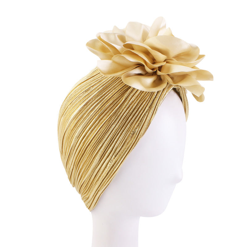 African Style Shiny Silk Pleated Large Flower Headscarf Hat, Ethnic Hat, Hair Loss Hat, Wedding Hat Tjm-79D