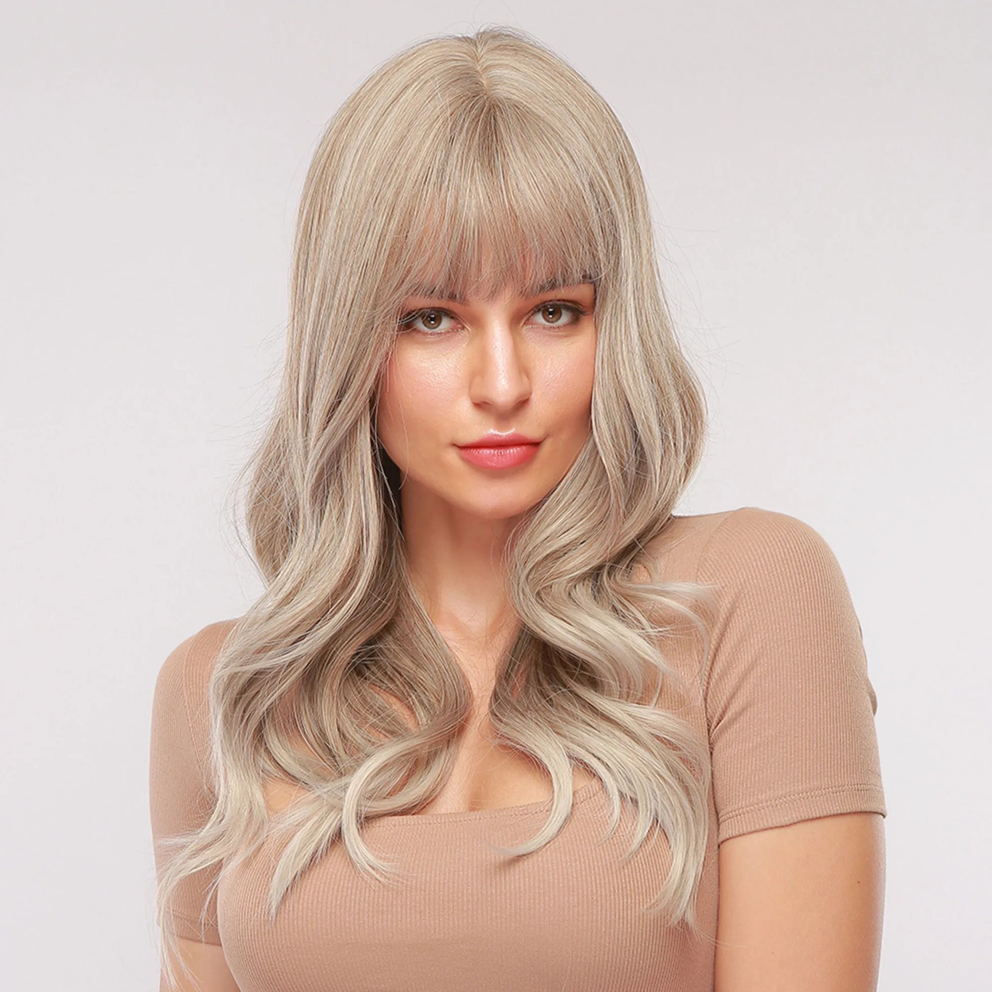 Silver Gray Long Wavy Synthetic Hair Wig With Bangs 24 Inches