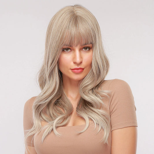 Silver Gray Long Wavy Synthetic Hair Wig With Bangs 24 Inches