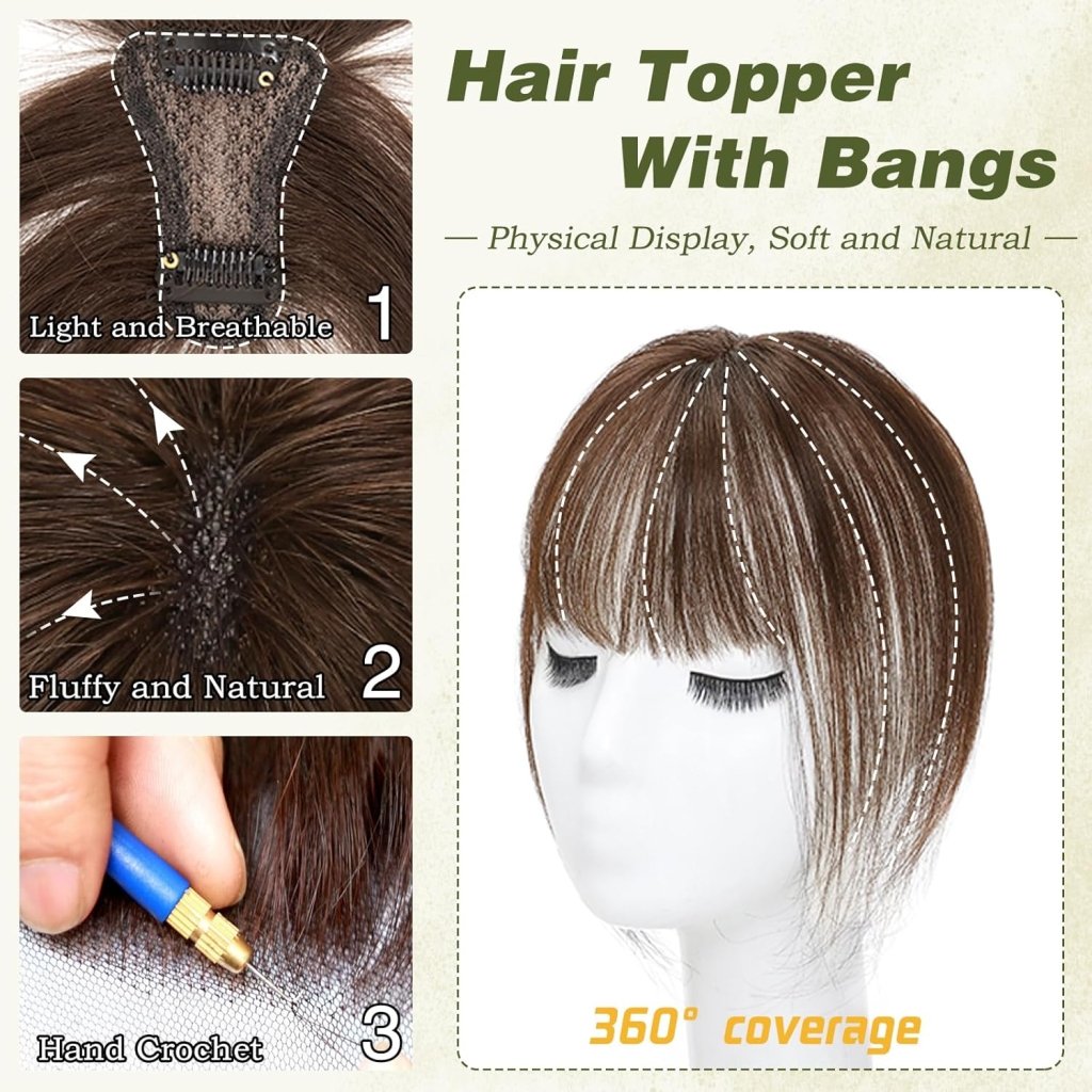 Clip in Bangs 100% Human Hair Toppers 360°3D Hair Pieces Clip On Air Bangs Extensions