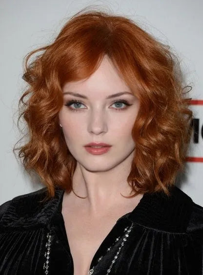 Schulterlange lockige rote 100 % Echthaar-Spitzenperücken 14 Zoll