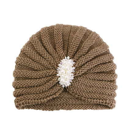 Cross-Border New Autumn and Winter Pearl Diamond Accessories Woolen Turban Hat Ethnic Style Warm Pullover Hat Jdm-138E