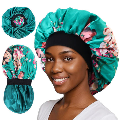 Cross-border Hot Selling Wide-brimmed Stretch Double-layer Sleeping Cap Sade Printed Extra Large Shower Cap Beauty Hair Care Cap