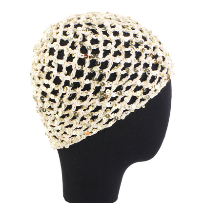 New all cotton hand crocheted sequin hair care net hair cover, hollowed out breathable headscarf cap JDW-67