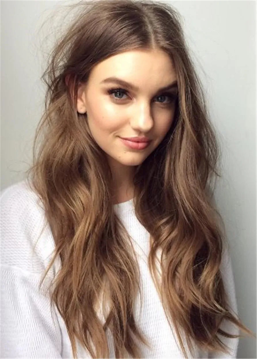 Long Loose Fluffy Human Hair Middle Parted Women Wig