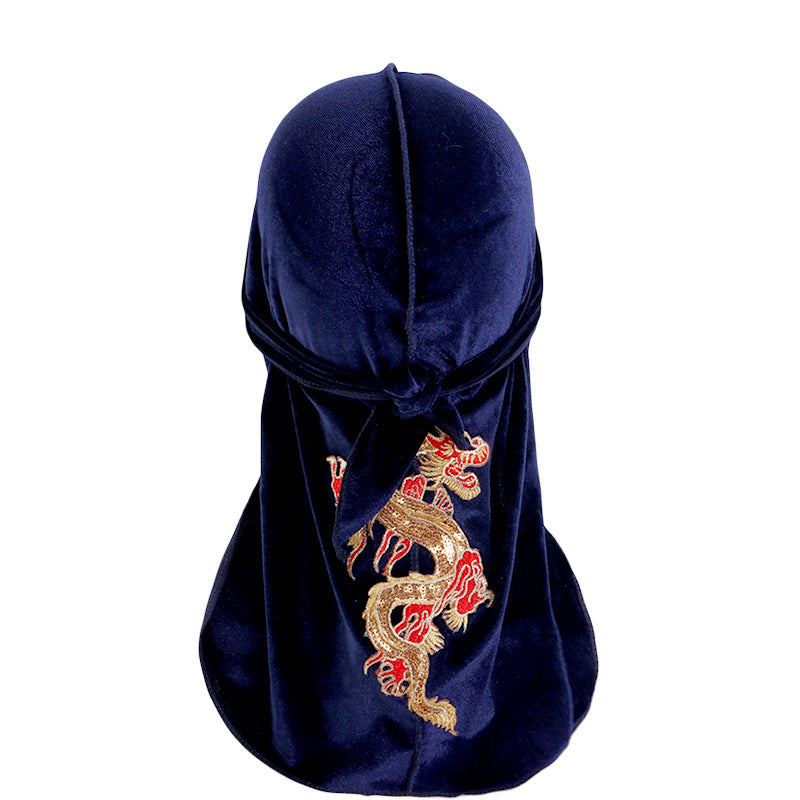 Autumn and Winter thickened gold velvet long tail pirate hat Chinese dragon hot stamping strap hip hop cloak DURAG