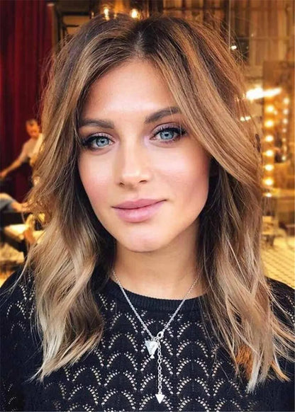 Medium Fluffy Wavy Human Hair Women Wigs 16 Inches