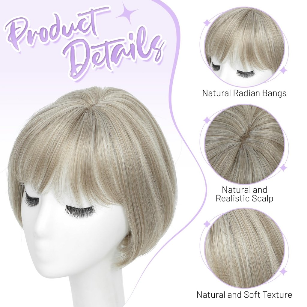 Human Hair Pieces Short Bob Hair Toppers with Bangs Side Part Hair
