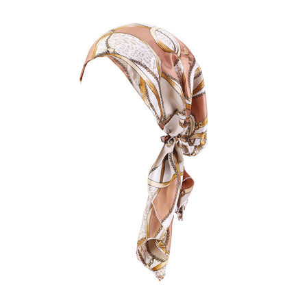 Fashionable Printed Ear-Covering Hat, Satin Turban, Tie-Back Chemotherapy Cap, Hair Protection Cap