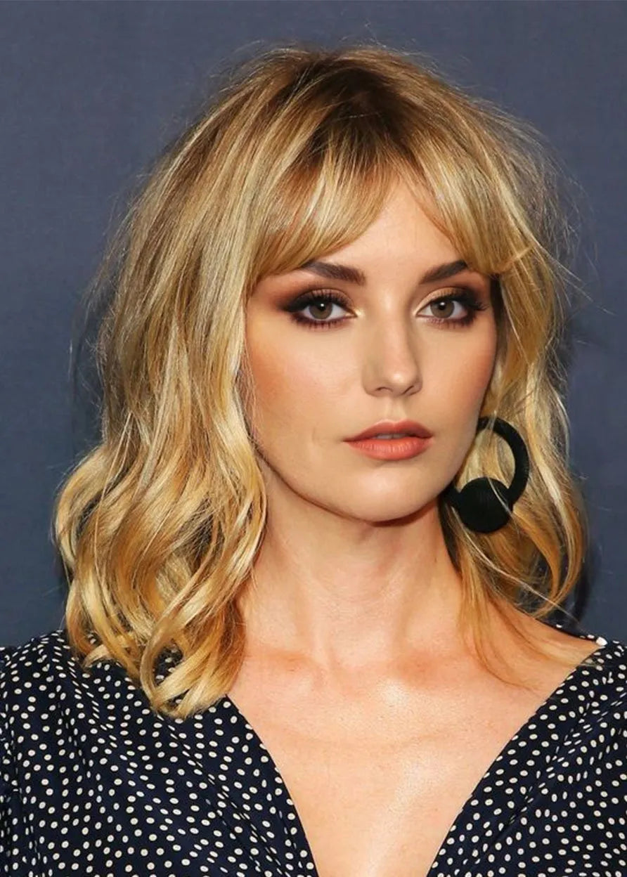 Natural Looking Women's Medium Hairstyle Wavy Human Hair Lace Front Wigs With Bangs 18Inch