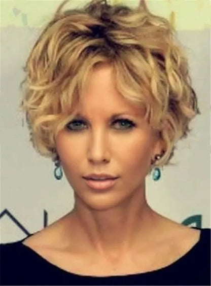 Short Blonde Wavy Layered Lace Front Synthetic Hair Wig 8 Inches