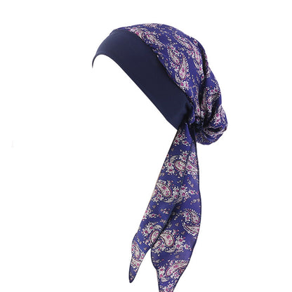 Pastoral Style Elastic Wide-Brimmed Imitation Silk Turban Hat, Long Tail Braid Hat, Chemotherapy Hat, Cross-Border Supply