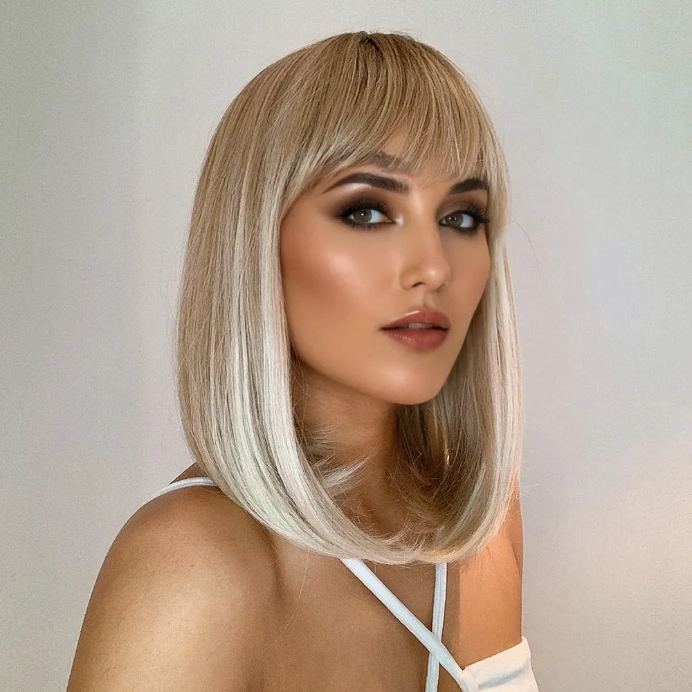 Long Bob Hairstyle Synthetic Hair Silky Straight WIth Bangs Capless Women Wig 16 Inches