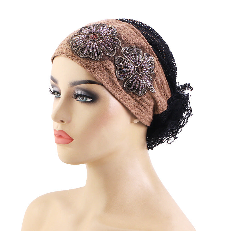 New Cross-Border Floral Hat with Beaded Flower Accessories, Headscarf Hat, Hair Protection Headscarf Hat Jdt-518