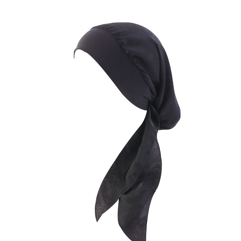 Pastoral Style Elastic Wide-Brimmed Imitation Silk Turban Hat, Long Tail Braid Hat, Chemotherapy Hat, Cross-Border Supply