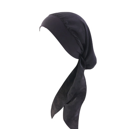 Pastoral Style Elastic Wide-Brimmed Imitation Silk Turban Hat, Long Tail Braid Hat, Chemotherapy Hat, Cross-Border Supply