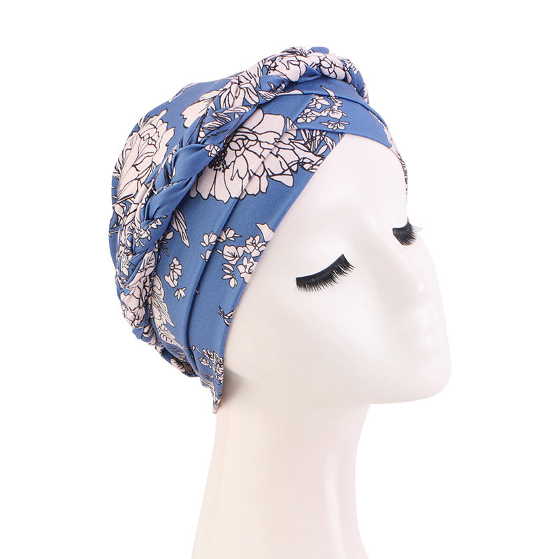 Cross-border New Printed Twist Braid Double Cross Twist Hat Bohemian Style Small Hat Stretch Baotou Hat