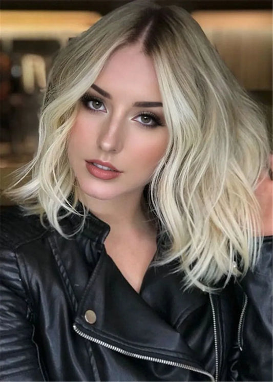 Trendy Kurzhaarschnitte Welliges Echthaar Frauen Perücke 16 Zoll