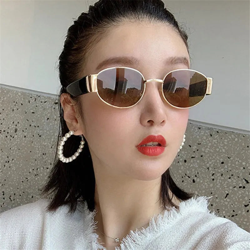 Vintage Style Women's Metal Ftame Resin Lens Oval Shape Sunglasses