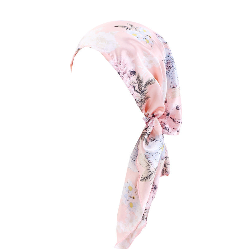 Fashionable Printed Ear-Covering Hat, Satin Turban, Tie-Back Chemotherapy Cap, Hair Protection Cap