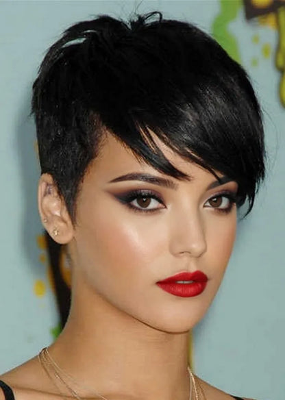 Rihanna Hairstyle Super Short Straight Black Hair 100% Human Hair Full Lace Wig
