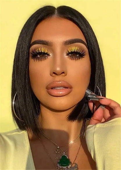 Center Parting Natural Straight Human Hair Capless Wigs 12 Inch