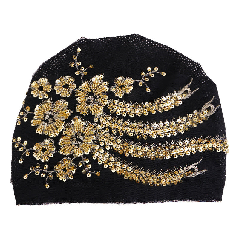 Lace Beaded Sequin Floral Turban Hat, Base Hat, Head Wrap Hat, Mesh Hair Protection Hat Jdt-523